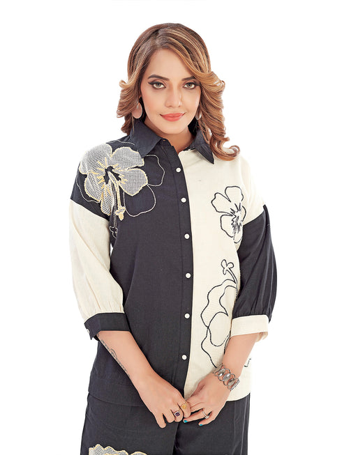 Amchoor Black Cotton Embroidered Co-ord Set for Women's