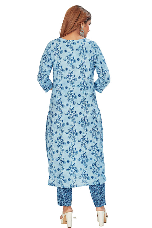 Amchoor Blue Cotton Floral Print Kurti Set for Women's