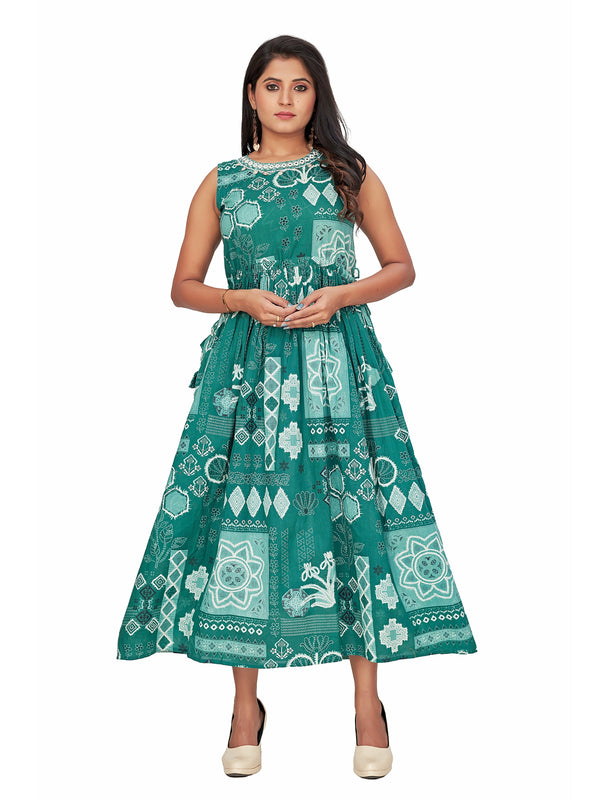 Amchoor Green Cotton Geometric Print Dresses for Women's