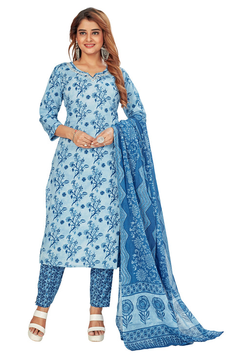 Amchoor Blue Cotton Floral Print Kurti Set for Women's
