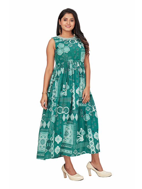 Amchoor Green Cotton Geometric Print Dresses for Women's