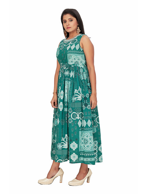 Amchoor Green Cotton Geometric Print Dresses for Women's