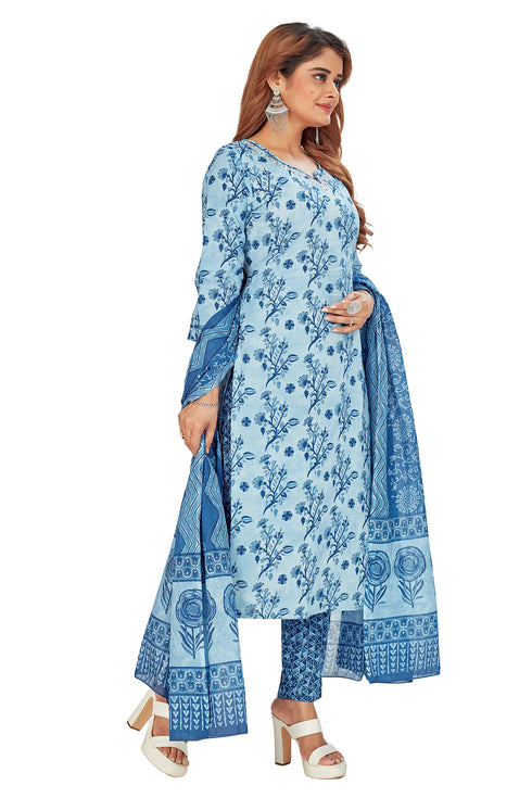 Amchoor Blue Cotton Floral Print Kurti Set for Women's