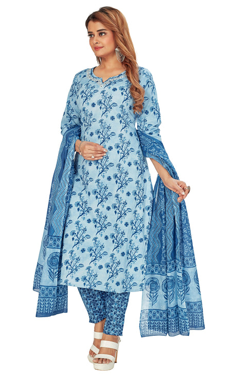 Amchoor Blue Cotton Floral Print Kurti Set for Women's