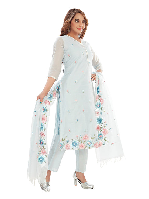Amchoor Aqua Kota Embroidered Print Kurti Set for Women's