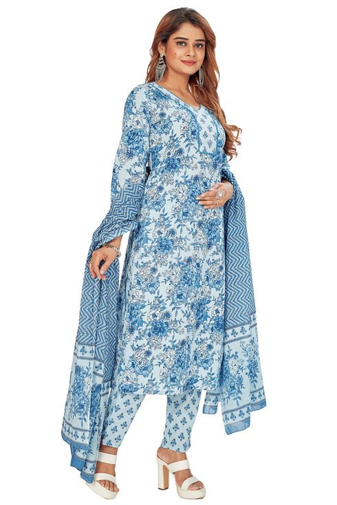 Amchoor Blue Cotton Floral Print Kurti Set for Women's