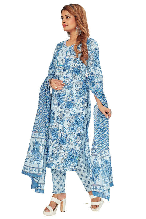 Amchoor Blue Cotton Floral Print Kurti Set for Women's