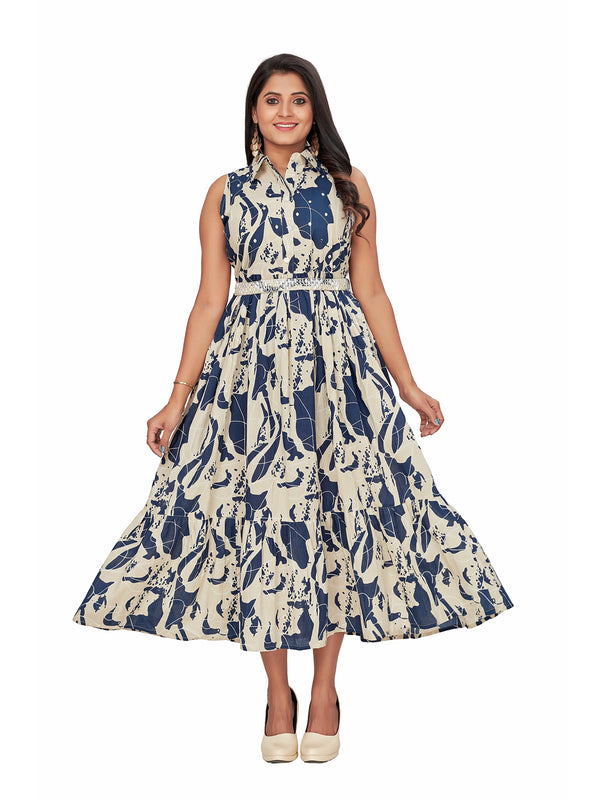Amchoor Beige Cotton Abstract Print Dresses for Women's