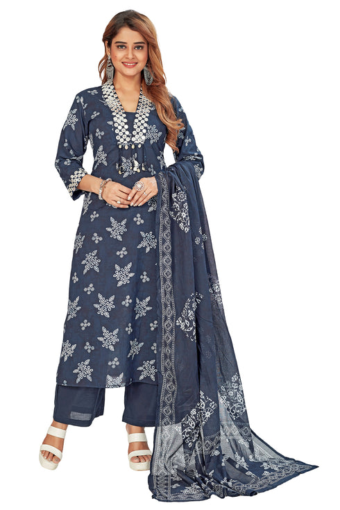 Amchoor Navy Cotton Batik Print Kurti Set for Women's