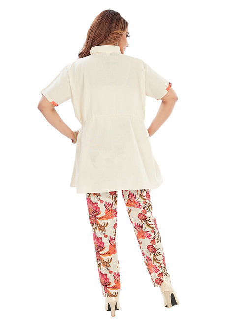 Amchoor Beige Cotton Floral Print Co-ord Set for Women's