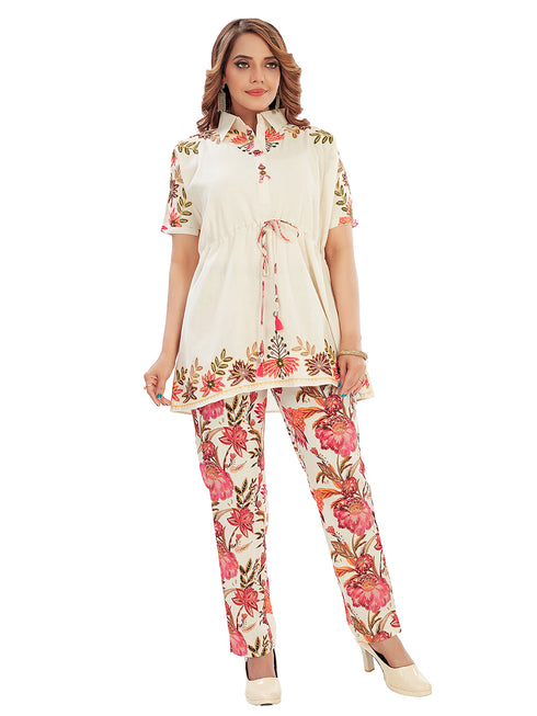 Amchoor Beige Cotton Floral Print Co-ord Set for Women's