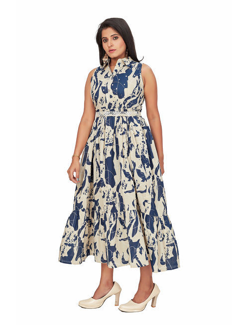 Amchoor Beige Cotton Abstract Print Dresses for Women's