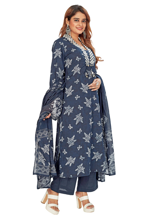 Amchoor Navy Cotton Batik Print Kurti Set for Women's