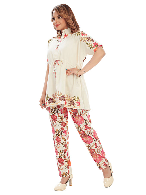 Amchoor Beige Cotton Floral Print Co-ord Set for Women's