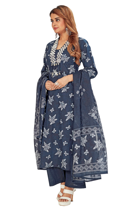 Amchoor Navy Cotton Batik Print Kurti Set for Women's
