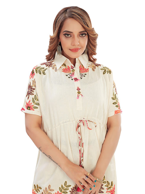 Amchoor Beige Cotton Floral Print Co-ord Set for Women's
