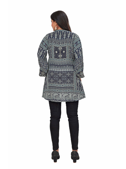 Amchoor Navy Viscose Crepe Geometric Print Top for Women's