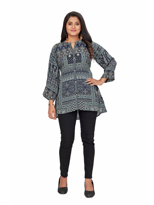 Amchoor Navy Viscose Crepe Geometric Print Top for Women's