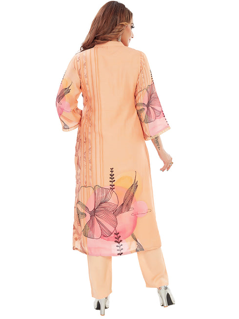 Amchoor Peach Cotton Floral Print Kurti Set for Women's