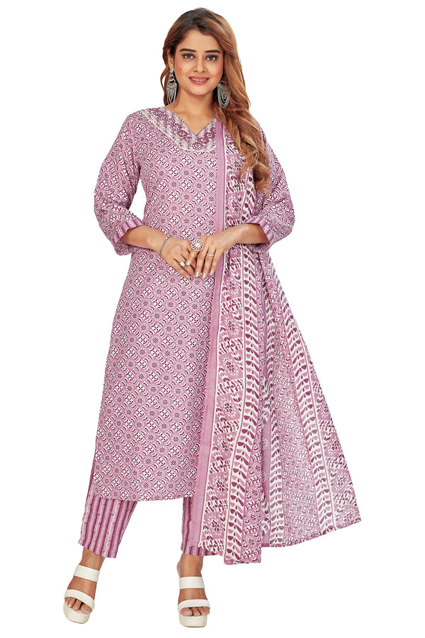 Amchoor Purple Cotton Batik Pattern Kurti Set for Women's