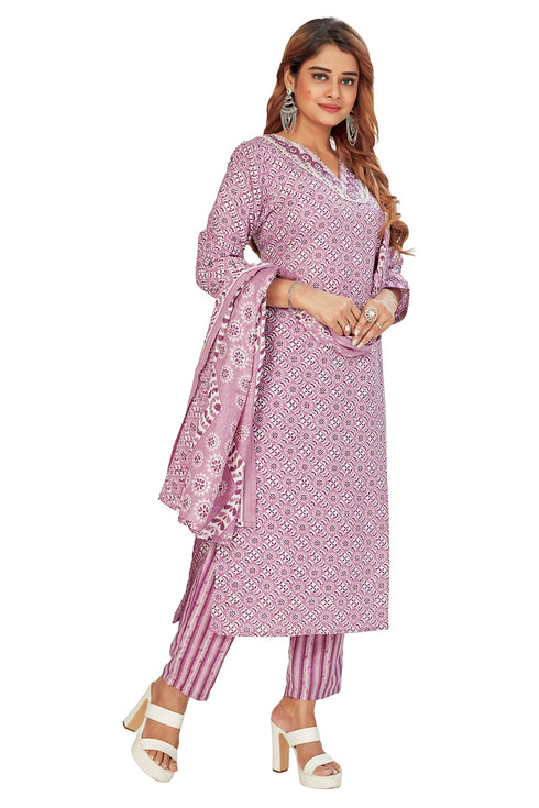 Amchoor Purple Cotton Batik Pattern Kurti Set for Women's