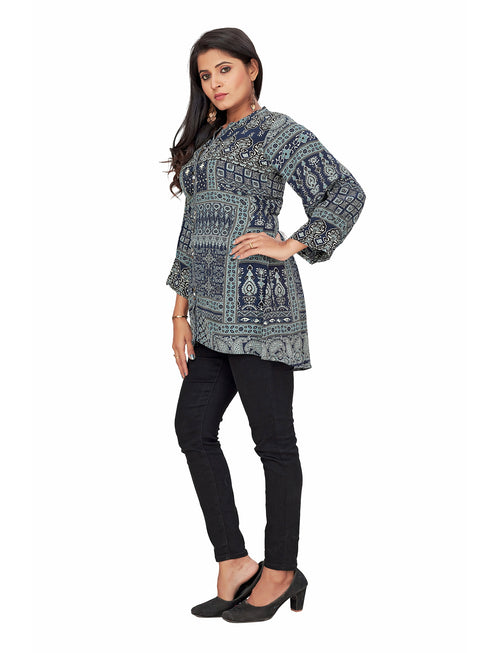 Amchoor Navy Viscose Crepe Geometric Print Top for Women's