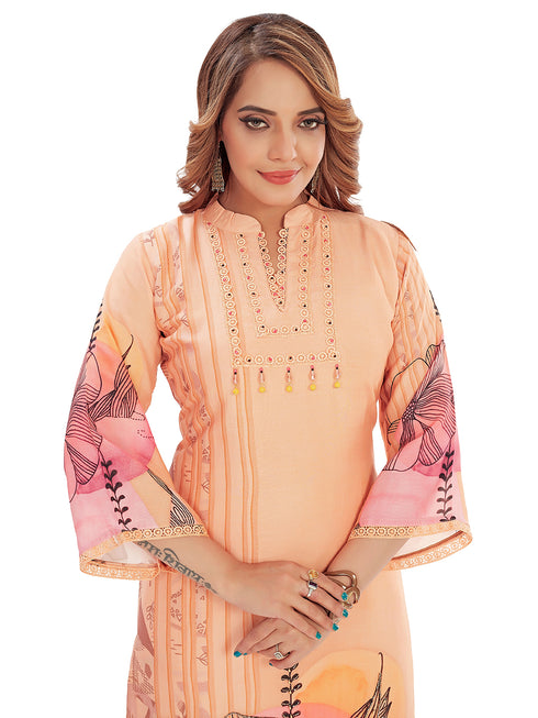 Amchoor Peach Cotton Floral Print Kurti Set for Women's