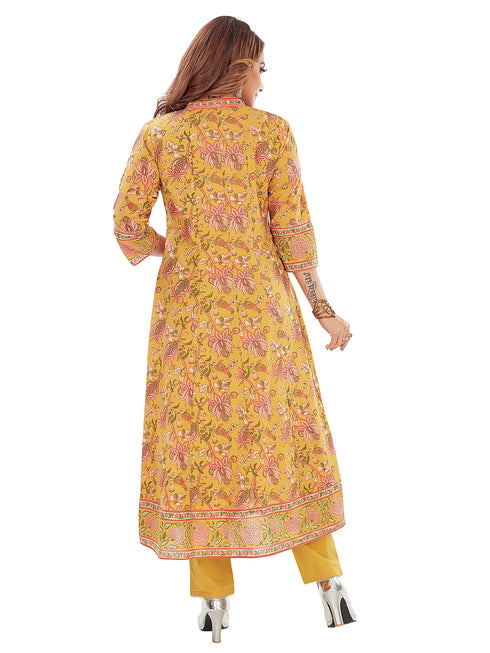 Amchoor Mustard Cotton Floral Print Kurti Set for Women's