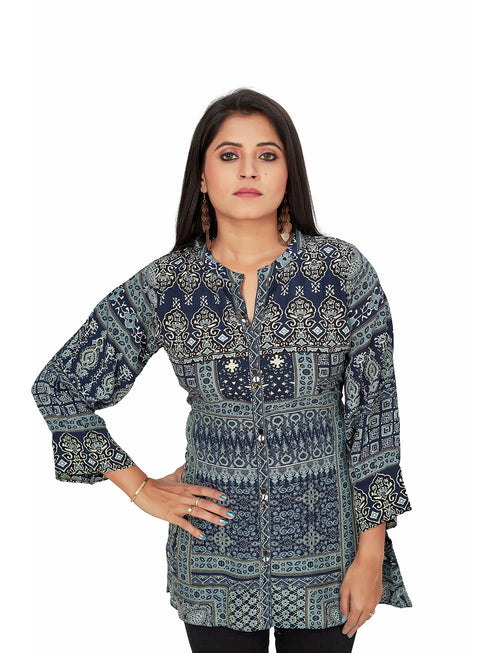 Amchoor Navy Viscose Crepe Geometric Print Top for Women's