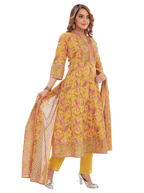 Amchoor Mustard Cotton Floral Print Kurti Set for Women's