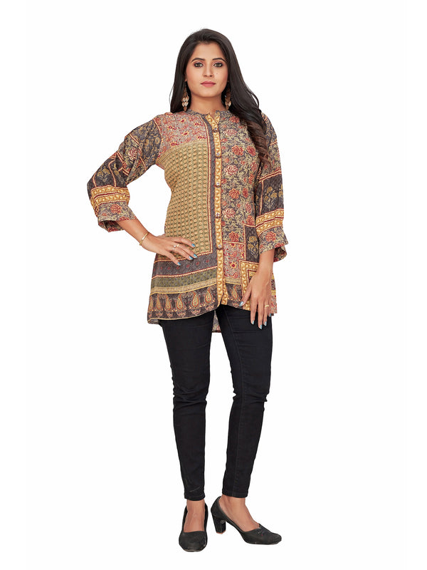 Amchoor Grey Viscose Crepe Floral Print Top for Women's