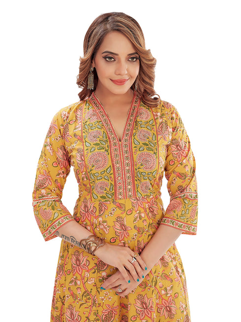 Amchoor Mustard Cotton Floral Print Kurti Set for Women's