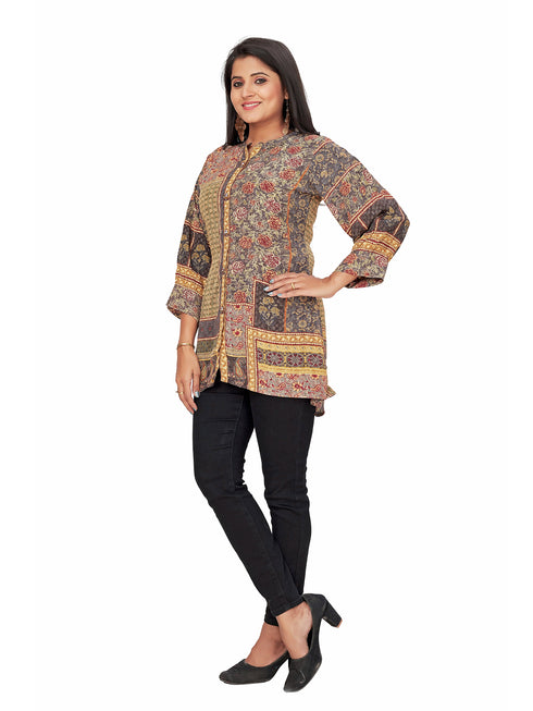 Amchoor Grey Viscose Crepe Floral Print Top for Women's