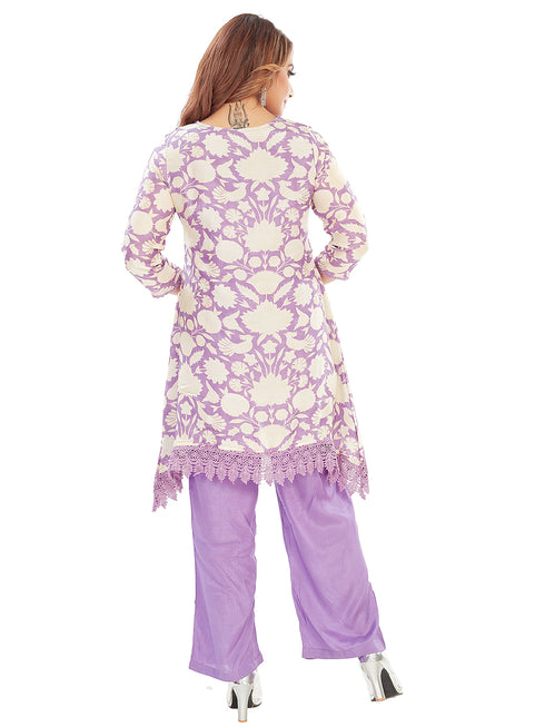 Amchoor Purple Muslin Floral Print Kurti Set for Women's