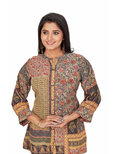 Amchoor Grey Viscose Crepe Floral Print Top for Women's