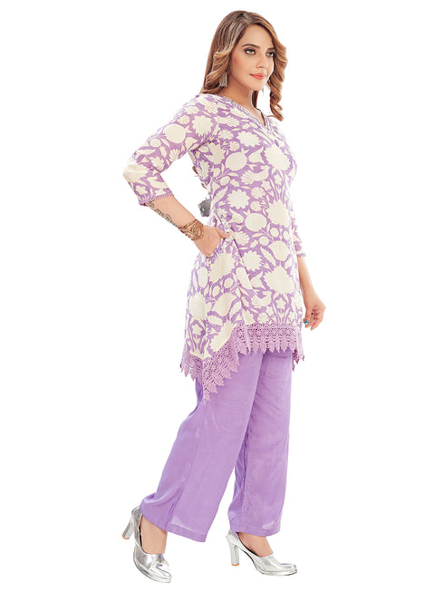 Amchoor Purple Muslin Floral Print Kurti Set for Women's