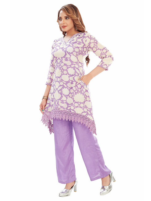 Amchoor Purple Muslin Floral Print Kurti Set for Women's