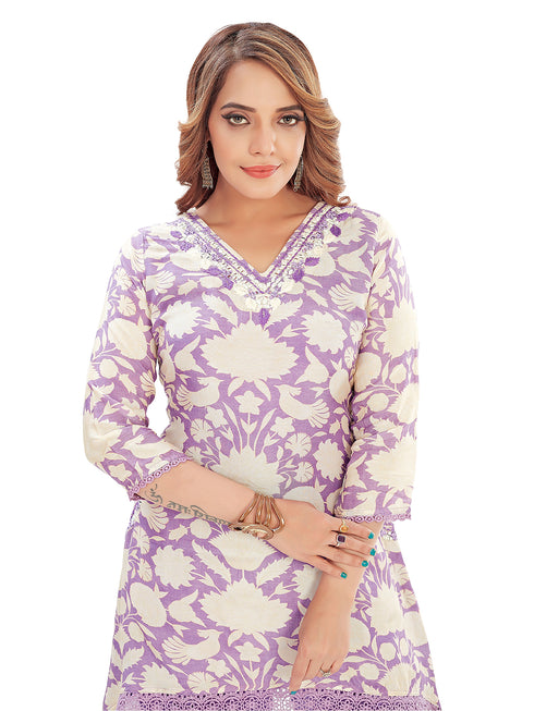Amchoor Purple Muslin Floral Print Kurti Set for Women's