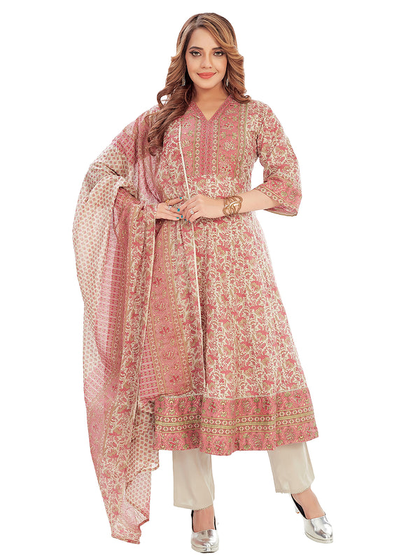 Amchoor Pink Cotton Floral Print Kurti Set for Women's