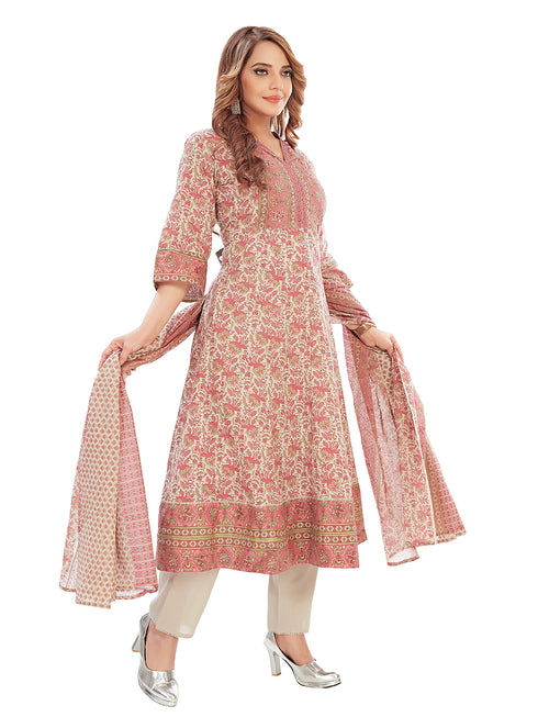 Amchoor Pink Cotton Floral Print Kurti Set for Women's