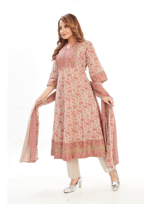 Amchoor Pink Cotton Floral Print Kurti Set for Women's