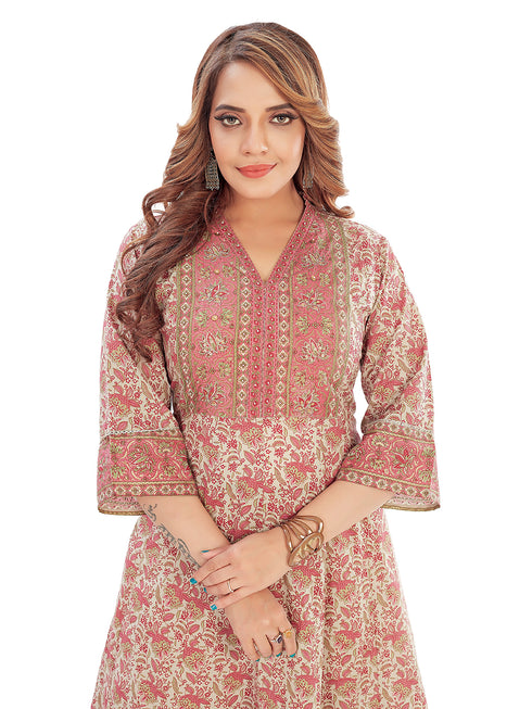 Amchoor Pink Cotton Floral Print Kurti Set for Women's