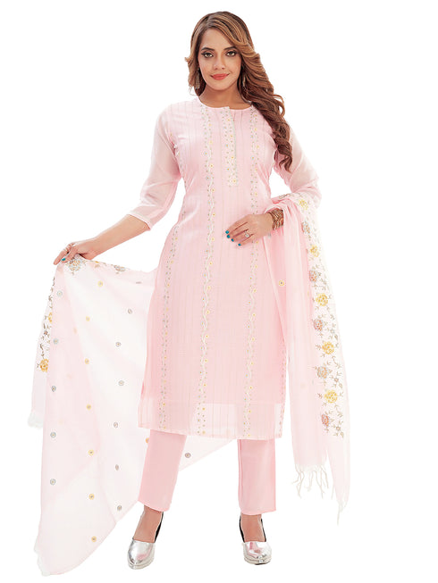 Amchoor Pink Kota Embroidered Print Kurti Set for Women's