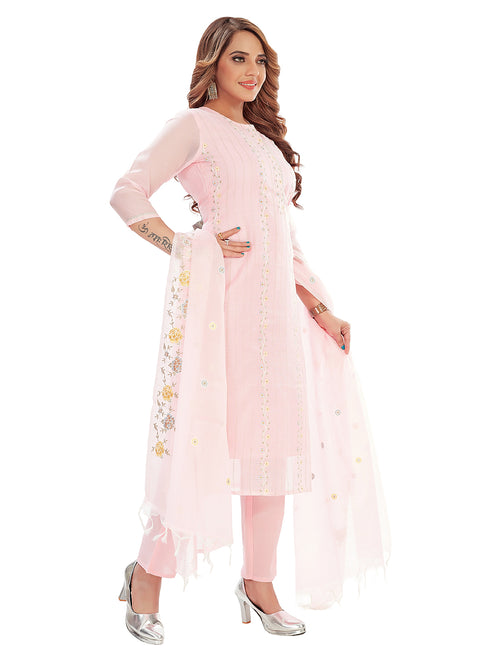 Amchoor Pink Kota Embroidered Print Kurti Set for Women's