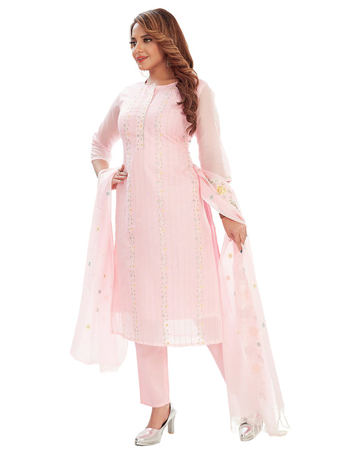 Amchoor Pink Kota Embroidered Print Kurti Set for Women's