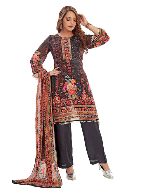 Amchoor Black Chinon Floral Print Kurti Set for Women's