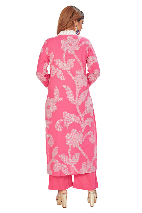 Amchoor Pink Cotton Bandhani Print Kurti Set for Women's