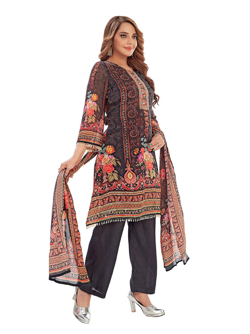 Amchoor Black Chinon Floral Print Kurti Set for Women's