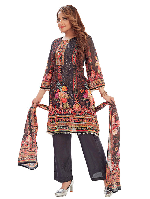 Amchoor Black Chinon Floral Print Kurti Set for Women's