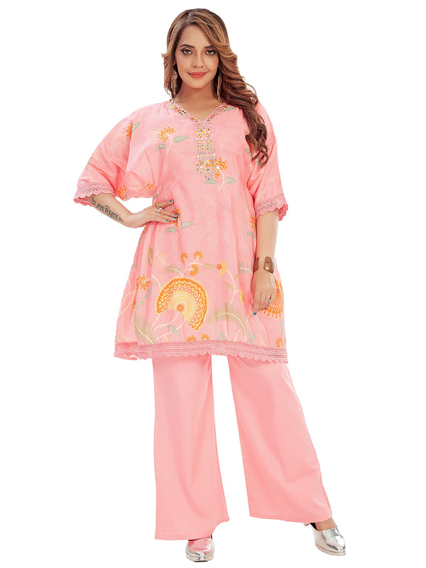 Amchoor Pink Cotton Floral Print Kurti Pant for Women's